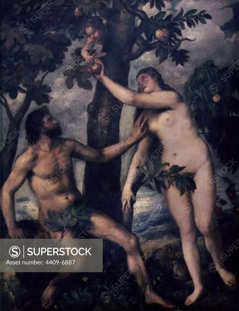 1485-1576. Adam and Eve. Oil on canvas. 2.40 × 1.86. 16th century . Italian Renaissance. Author: TITIAN. Location: MUSEO DEL PRADO-PINTURA, MADRID, SPAIN.