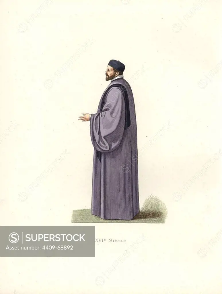 Nobleman of Venice, 16th century, in long purple wide-sleeved robe and blue cap.. Handcolored illustration by E. Lechevallier-Chevignard, lithographed by A. Didier, L. Flameng, F. Laguillermie, from Georges Duplessis's "Costumes historiques des XVIe, XVIIe et XVIIIe siecles" (Historical costumes of the 16th, 17th and 18th centuries), Paris 1867. The book was a continuation of the series on the costumes of the 12th to 15th centuries published by Camille Bonnard and Paul Mercuri from 1830. Georges Duplessis (1834-1899) was curator of the Prints department at the Bibliotheque nationale. Edmond Lechevallier-Chevignard (1825-1902) was an artist, book illustrator, and interior designer for many public buildings and churches. He was named professor at the National School of Decorative Arts in 1874.