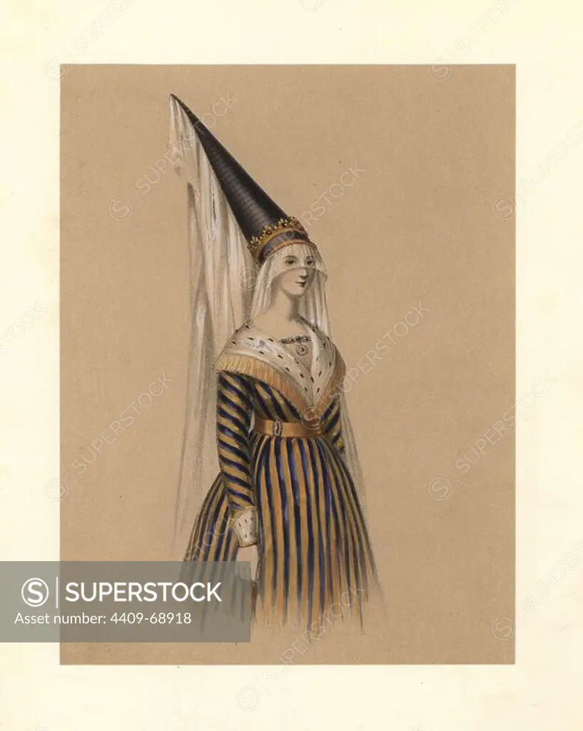 Dress of the reign of King Edward IV, 1461~1470. She wears a tall conical headdress with long falling veil, and a fur-trimmed striped dress with open collar. Based on a Royal manuscript, Cotton Collection, Paradin, Froissart, Monstrelet. Handcoloured lithograph from "Costumes of British Ladies from the Time of William the First to the Reign of Queen Victoria, London, Dickinson & Son, 1840. 48 mounted plates of women's fashion from 1066 to 1840 based on effigies, manuscripts, portraits, prints and literary descriptions.