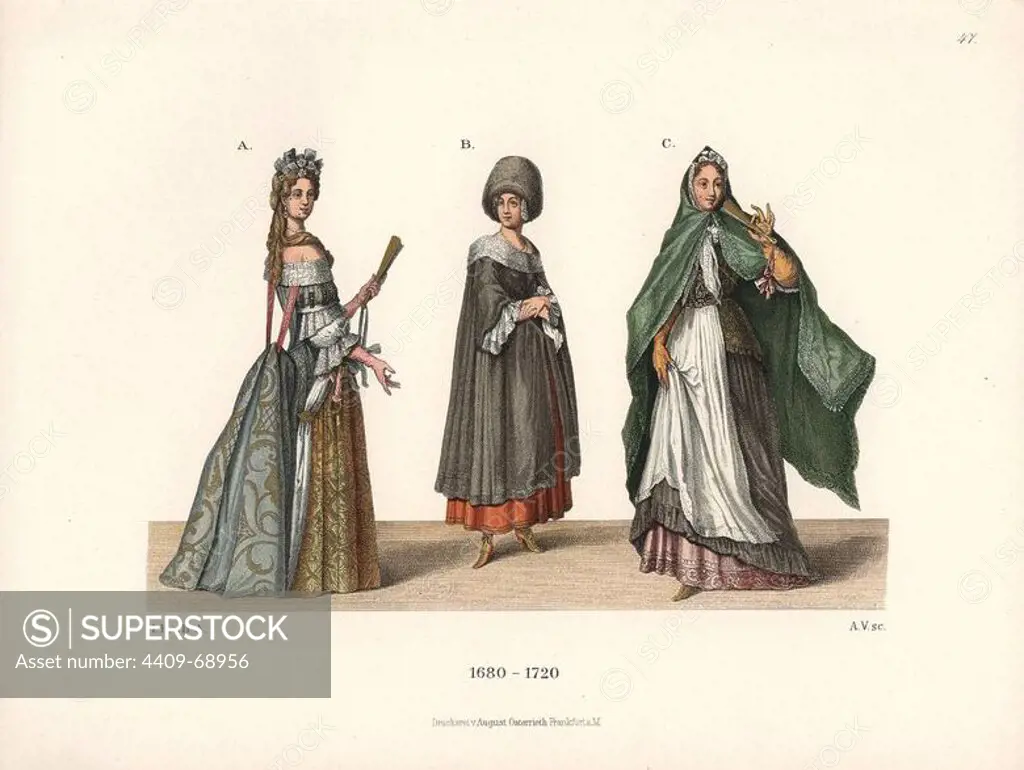 Noblewomen of the late 17th century from Pater Abraham a Sancta Clara's "Weltgallerie" and "Wiener Kaiserbuch." A young chambermaid with gold key and train of gold brocade, noblewoman in winter clothes, and a noblewoman in green cape with fan. Chromolithograph from Hefner-Alteneck's "Costumes, Artworks and Appliances from the Middle Ages to the 18th Century," Frankfurt, 1889. Illustration by Dr. Jakob Heinrich von Hefner-Alteneck, lithograph by A. Volkert and published by Heinrich Keller. Dr. Hefner-Alteneck (1811 - 1903) was a German curator, archaeologist, art historian, illustrator and etcher.