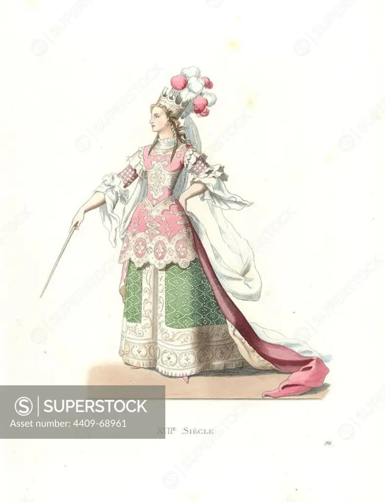 French woman in ballet costume, 17th century. Handcolored illustration by E. Lechevallier-Chevignard, lithographed by A. Didier, L. Flameng, F. Laguillermie, from Georges Duplessis's "Costumes historiques des XVIe, XVIIe et XVIIIe siecles" (Historical costumes of the 16th, 17th and 18th centuries), Paris 1867. The book was a continuation of the series on the costumes of the 12th to 15th centuries published by Camille Bonnard and Paul Mercuri from 1830. Georges Duplessis (1834-1899) was curator of the Prints department at the Bibliotheque nationale. Edmond Lechevallier-Chevignard (1825-1902) was an artist, book illustrator, and interior designer for many public buildings and churches. He was named professor at the National School of Decorative Arts in 1874.