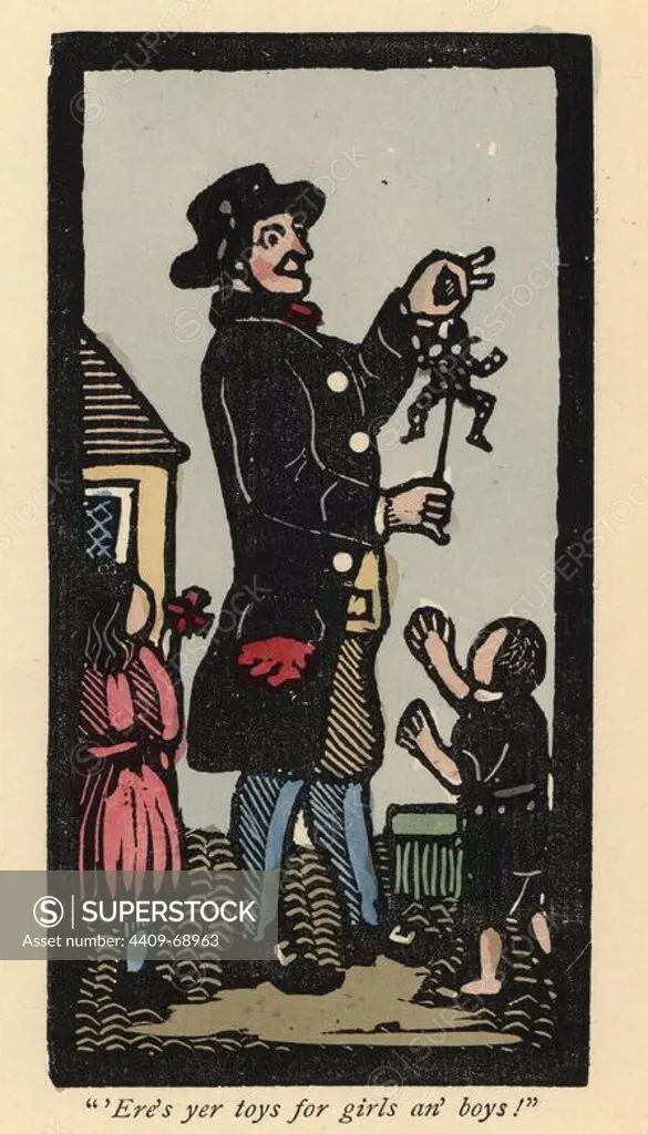 Itinerant toy seller showing a puppet to two children, one of whom holds a paper windmill. Handcoloured woodblock print from an 18th century chapbook Andrew Tuer's "London Cries: with Six Charming Children and about forty other illustrations," published by Field & Tuer, London, 1883.
