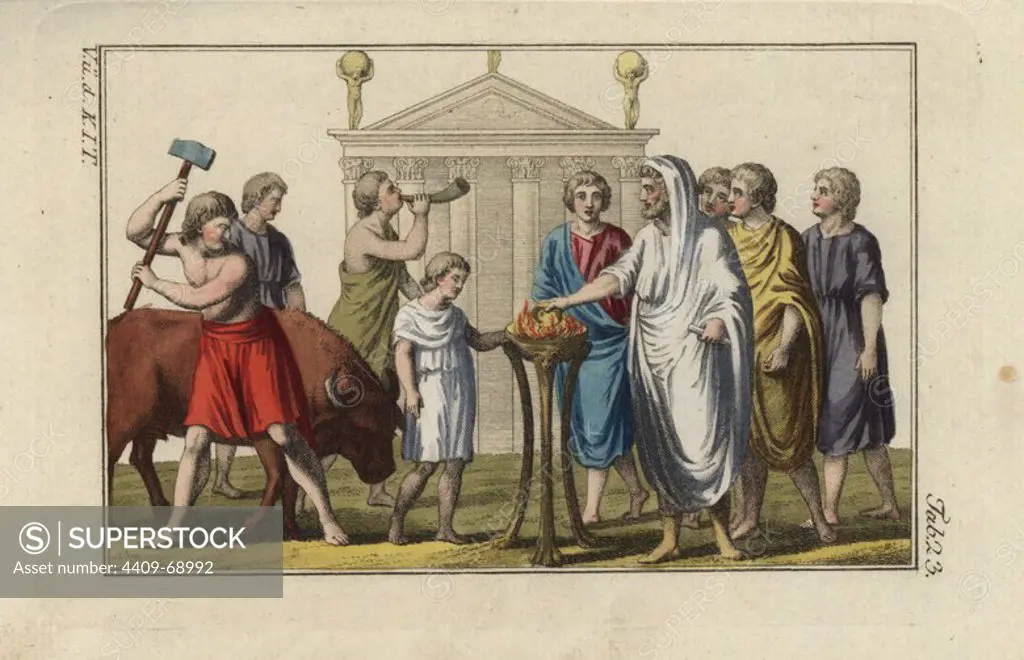 Performance of a Roman sacrifice. Handcolored copperplate engraving from Robert von Spalart's "Historical Picture of the Costumes of the Principal People of Antiquity and of the Middle Ages" (1796).