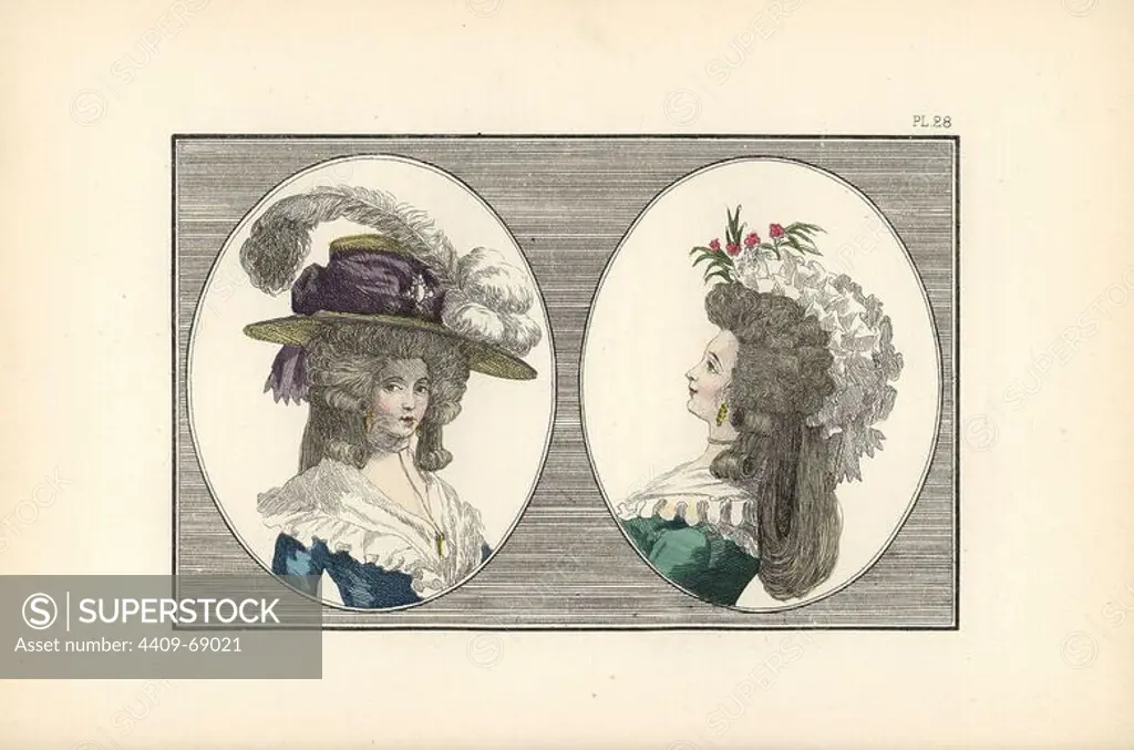 Woman in English-ingenue headdress with feathers, and woman with hedgehog hairstyle and lazy-woman bonnet. Hand-colored lithograph from "Fashions and Customs of Marie Antoinette and her Times," by Le Comte de Reiset, Paris, 1885. The journal of Madame Eloffe, dressmaker and linen-merchant to the Queen and ladies of the court.