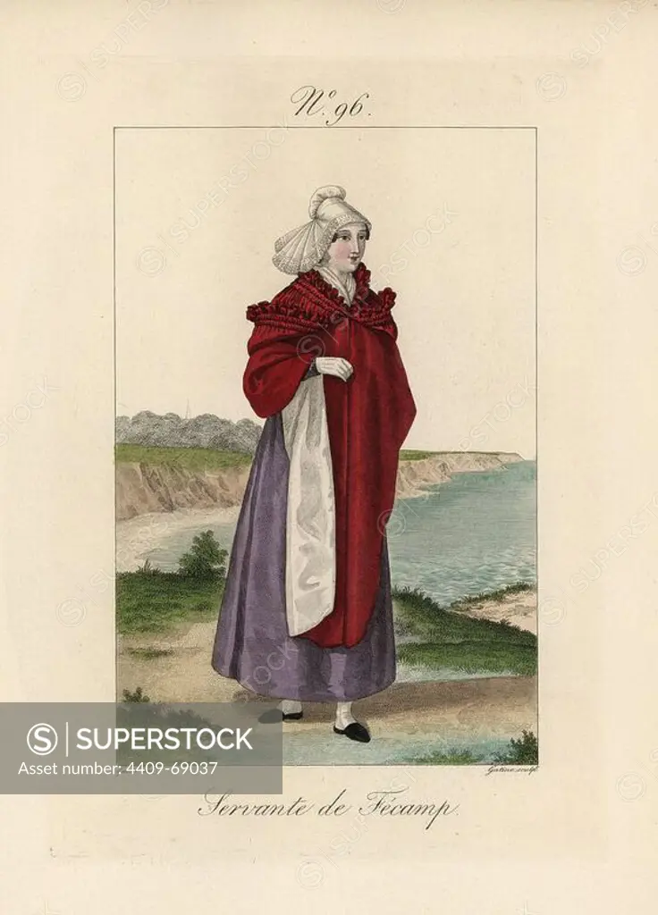 Servant of Fecamp. If the bonnet is simple, the cape with hood is very ornate with double collar and pleated decorated edges. Hand-colored fashion plate illustration by Lante engraved by Gatine from Louis-Marie Lante's "Costumes des femmes du Pays de Caux," 1827/1885. With their tall Alsation lace hats, the women of Caux and Normandy were famous for the elegance and style.