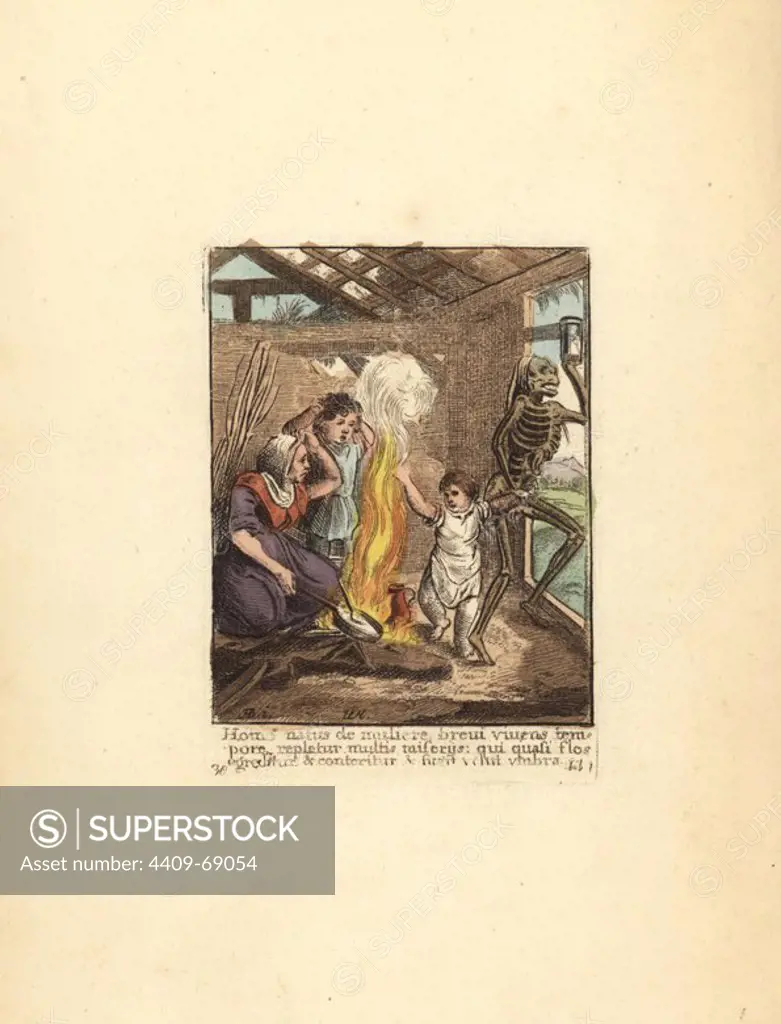 Skeleton of Death taking a Child from its widowed mother in a derelict hovel. Handcoloured copperplate engraving by Wenceslaus Hollar from The Dance of Death by Hans Holbein, Coxhead, London, 1816.