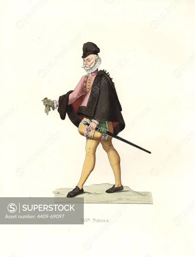 Spanish noble, 16th century, in short brown cape, over pink jerkin, with gold embroidered trunk hose and stockings, ruff and velvet cap. Carrying sword and gloves.. Handcolored illustration by E. Lechevallier-Chevignard, lithographed by A. Didier, L. Flameng, F. Laguillermie, from Georges Duplessis's "Costumes historiques des XVIe, XVIIe et XVIIIe siecles" (Historical costumes of the 16th, 17th and 18th centuries), Paris 1867. The book was a continuation of the series on the costumes of the 12th to 15th centuries published by Camille Bonnard and Paul Mercuri from 1830. Georges Duplessis (1834-1899) was curator of the Prints department at the Bibliotheque nationale. Edmond Lechevallier-Chevignard (1825-1902) was an artist, book illustrator, and interior designer for many public buildings and churches. He was named professor at the National School of Decorative Arts in 1874.
