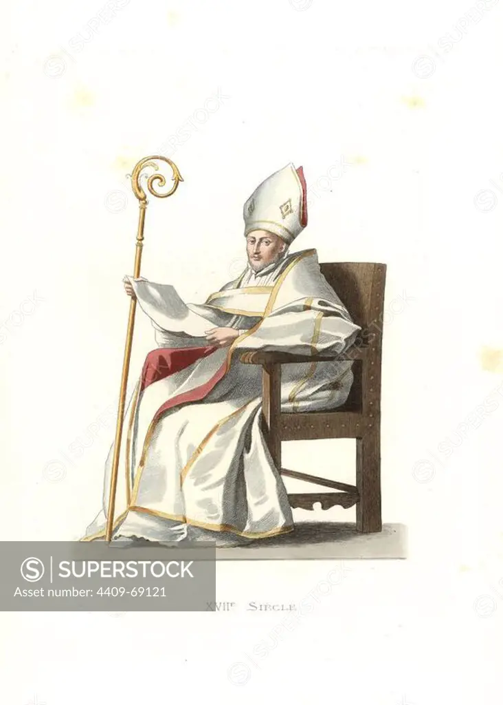 Spanish bishop, 16th century, from a painting by Murillo. Handcolored illustration by E. Lechevallier-Chevignard, lithographed by A. Didier, L. Flameng, F. Laguillermie, from Georges Duplessis's "Costumes historiques des XVIe, XVIIe et XVIIIe siecles" (Historical costumes of the 16th, 17th and 18th centuries), Paris 1867. The book was a continuation of the series on the costumes of the 12th to 15th centuries published by Camille Bonnard and Paul Mercuri from 1830. Georges Duplessis (1834-1899) was curator of the Prints department at the Bibliotheque nationale. Edmond Lechevallier-Chevignard (1825-1902) was an artist, book illustrator, and interior designer for many public buildings and churches. He was named professor at the National School of Decorative Arts in 1874.