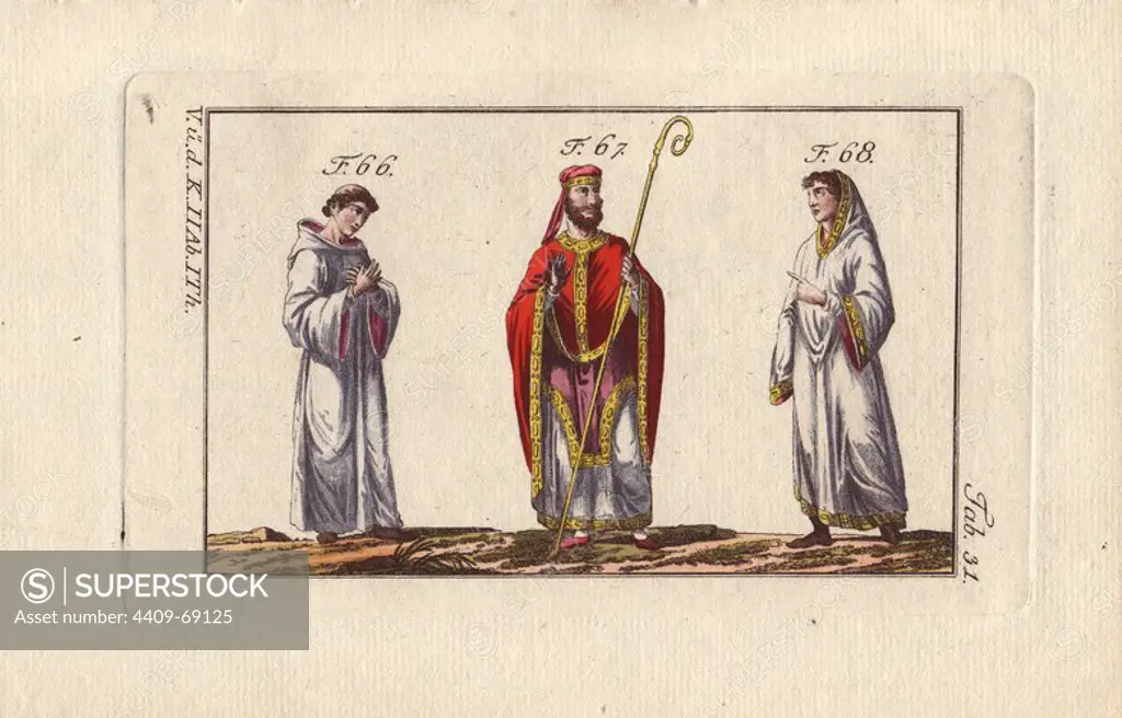 An Anglo Saxon bishop (67) and two Saxon monks (66, 68).. "The bishop's mitre and episcopal cross were in use in the 10th and 11th centuries. The two monks wear robes decorated in a particular manner along the edges of the sleeves and the bottom of the tunic.". "The Saxon mitre was flat at the top (67)." . Handcolored copperplate engraving from Robert von Spalart's "Historical Picture of the Costumes of the Principal People of Antiquity and of the Middle Ages" (1796).