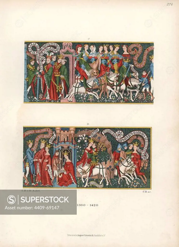 Carpet from the Signaringen Museum depicting events from the French epic poem "William of Orleans" by William the Troubadour and Godfried de Bouillon. Chromolithograph from Hefner-Alteneck's "Costumes, Artworks and Appliances from the early Middle Ages to the end of the 18th Century," Frankfurt, 1883. IIlustration drawn by Hefner-Alteneck, lithographed by CR, and published by Heinrich Keller. Dr. Jakob Heinrich von Hefner-Alteneck (1811-1903) was a German archeologist, art historian and illustrator. He was director of the Bavarian National Museum from 1868 until 1886.