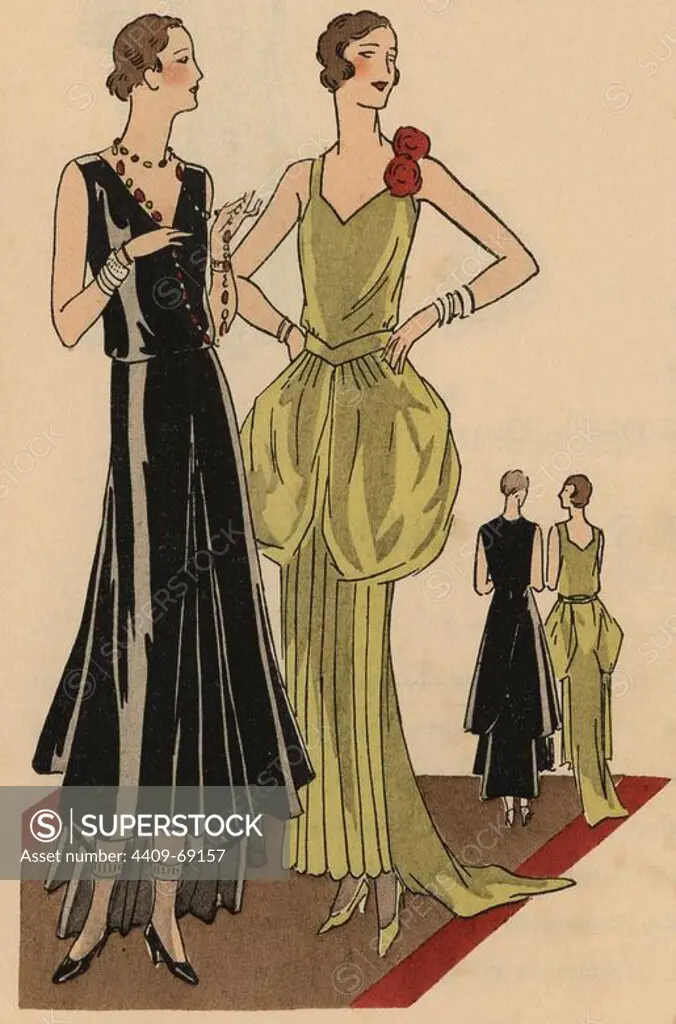 Women's evening wear: woman in long black satin dress with long necklace, and woman in long jade green silk dress with puffed and pleated skirt.. Handcolored pochoir (stencil) lithograph from the French luxury fashion magazine "Art, Gout, Beaute" 1928.