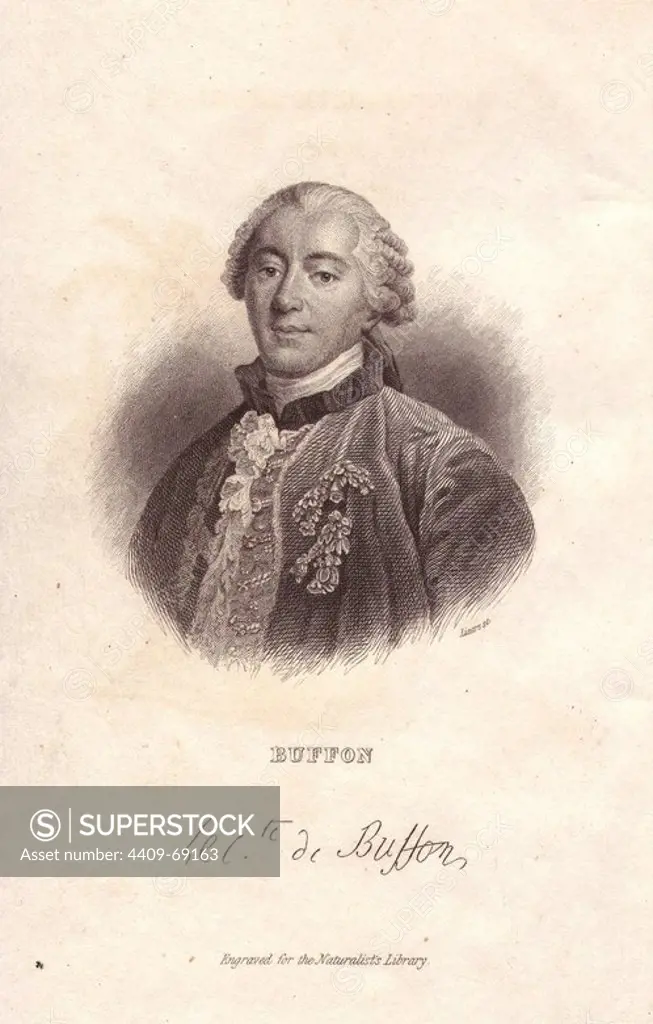 Georges-Louis Leclerc, Comte de Buffon (1707~1788), French naturalist, mathematician, cosmologist and author. Portrait engraved by W.H. Lizars, from Sir William Jardine's "The Naturalist's Library," 1833, Edinburgh.