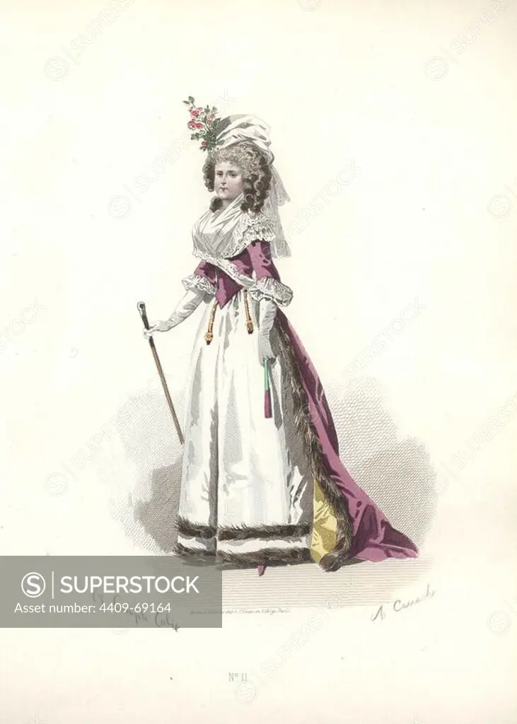 Woman in floral bonnet, wearing a pink fur-trimmed coat over long white skirts and carrying a cane.. Francois-Claudius Compte-Calix (1813-1880) was a French painter and illustrator. A regular exhibitor at the Salons, he illustrated numerous books and several romantic books of poetry, and for many years contributed to the fashion magazine "Modes Parisiennes".. Handcolored lithograph of an illustration by Francois-Claudius Compte-Calix from "Les Modes Parisiennes sous le Directoire" (Paris Fashions under the Directory 1795-1799) 1865.