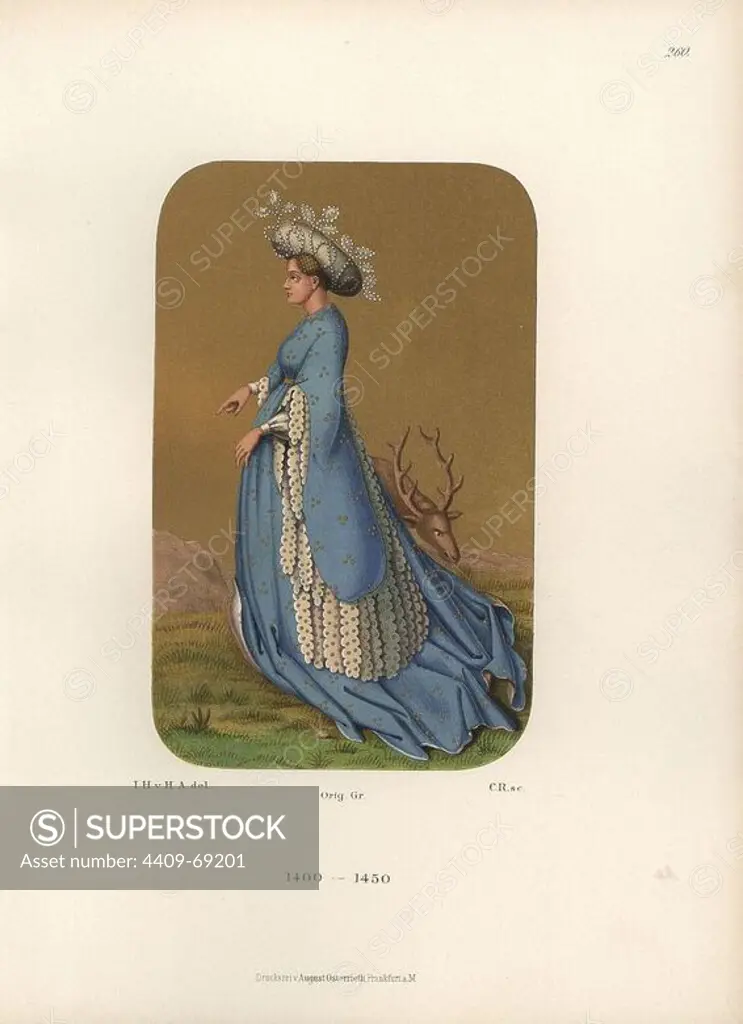 Woman's dress from the early 15th century, from a playing card in the Royal Library in Stuttgard. She wears a jeweled hat and embroidered long-sleeved dress. Chromolithograph from Hefner-Alteneck's "Costumes, Artworks and Appliances from the early Middle Ages to the end of the 18th Century," Frankfurt, 1883. IIlustration drawn by Hefner-Alteneck, lithographed by C. Regnier, and published by Heinrich Keller. Dr. Jakob Heinrich von Hefner-Alteneck (1811-1903) was a German archeologist, art historian and illustrator. He was director of the Bavarian National Museum from 1868 until 1886.