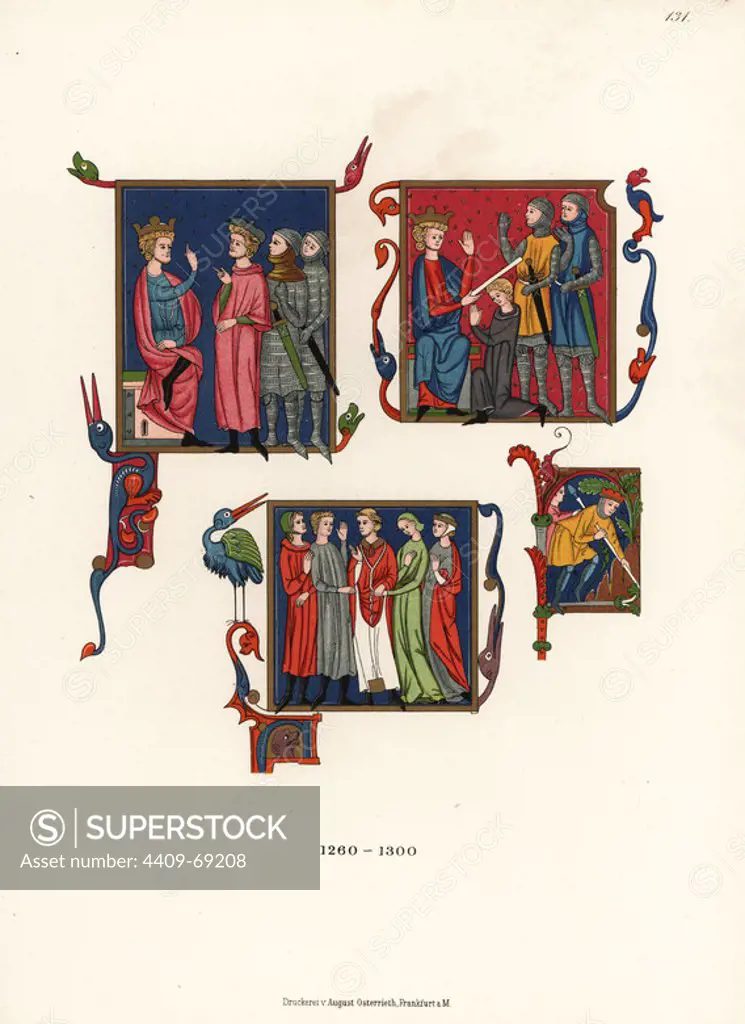 Costumes of the 13th century. A prince and two knights swearing allegiance to a king, the investiture of a knight, a wedding ceremony, and a king with crown over chainmail armour. From a manuscript in Metz library. Chromolithograph from Hefner-Alteneck's Costumes, Artworks and Appliances from the Middle Ages to the 17th Century, Frankfurt, 1889. Illustration by Dr. Jakob Heinrich von Hefner-Alteneck, lithographed by C.R. Dr. Hefner-Alteneck (1811 - 1903) was a German museum curator, archaeologist, art historian, illustrator and etcher.