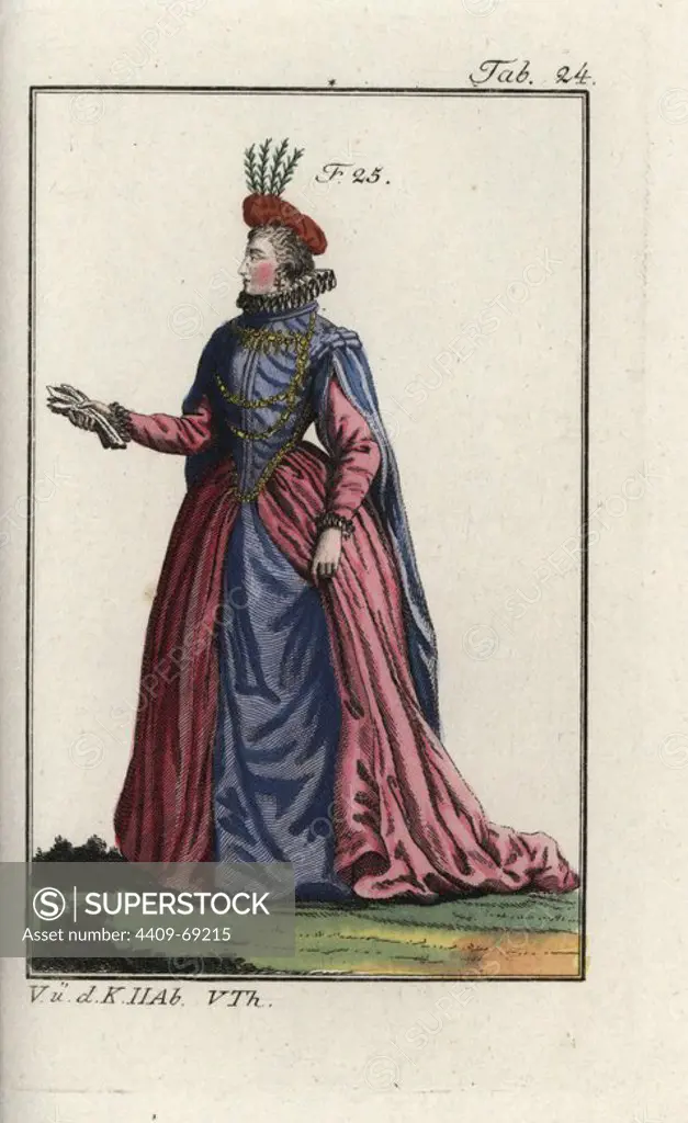 Noblewoman of France, 1581. Handcolored copperplate engraving from Robert von Spalart's "Historical Picture of the Costumes of the Principal People of Antiquity and of the Middle Ages," Vienna, 1811. Illustration based on Thomas Jefferys Collection of Dresses of Different Nations, Antient and Modern. After the Designs of Holbein, Van Dyke, Hollar, and others, London, 1757.