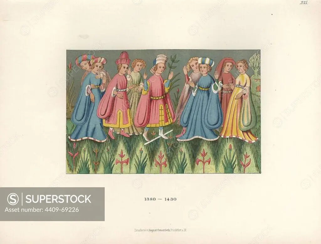 Carpet from the early 15th century depicting men and women dancing in a garden. Chromolithograph from Hefner-Alteneck's "Costumes, Artworks and Appliances from the early Middle Ages to the end of the 18th Century," Frankfurt, 1883. IIlustration drawn by Hefner-Alteneck, lithographed by CR, and published by Heinrich Keller. Dr. Jakob Heinrich von Hefner-Alteneck (1811-1903) was a German archeologist, art historian and illustrator. He was director of the Bavarian National Museum from 1868 until 1886.