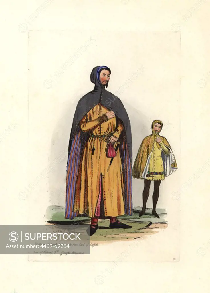 William Delapole, father to the first Earl of Suffolk, reign of Edward III. From Gough's Sepulchral Monuments. Handcolored engraving from "Civil Costume of England from the Conquest to the Present Period" drawn by Charles Martin and etched by Leopold Martin, London, Henry Bohn, 1842. The costumes were drawn from tapestries, monumental effigies, illuminated manuscripts and portraits. Charles and Leopold Martin were the sons of the romantic artist and mezzotint engraver John Martin (1789-1854).