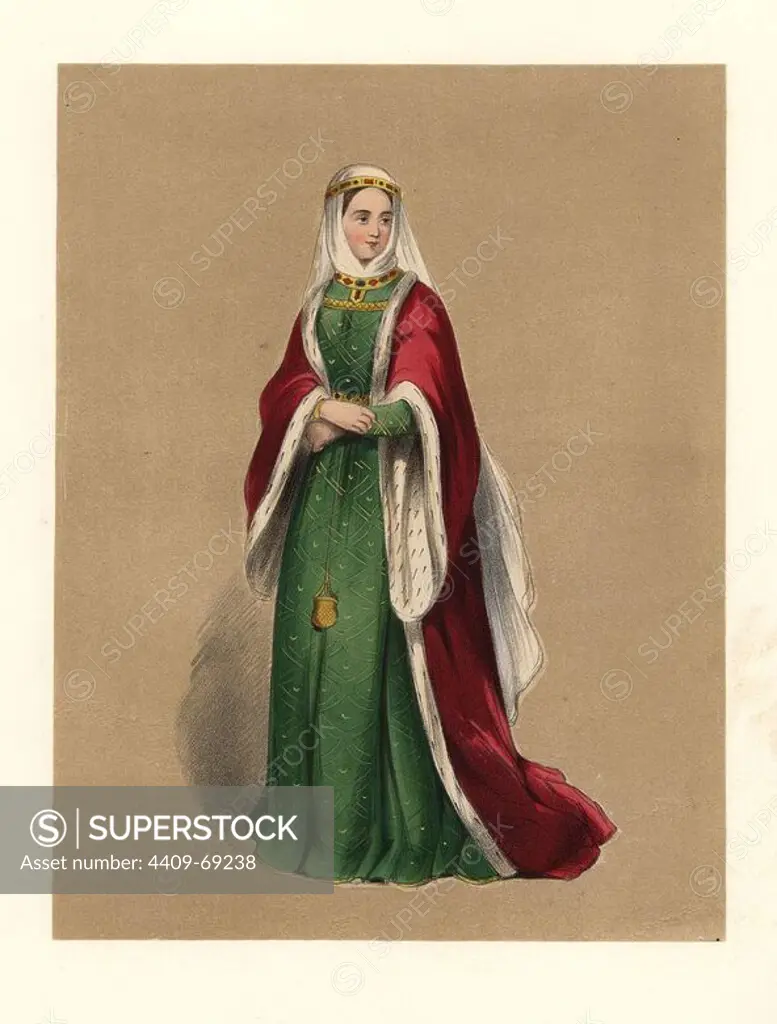 Dress of the reign of King Henry II, Curtmantle, 1154~1189. Long red ermine-lined mantle over long green dress, white veil and wimple. Based on an effigy of Queen Eleanora in Fontevraud Abbey, Miss Agnes Stricklands description of this dress, and Matthew Pariss Observations and Quotations. Handcoloured lithograph from "Costumes of British Ladies from the Time of William the First to the Reign of Queen Victoria, London, Dickinson & Son, 1840. 48 mounted plates of women's fashion from 1066 to 1840 based on effigies, manuscripts, portraits, prints and literary descriptions.