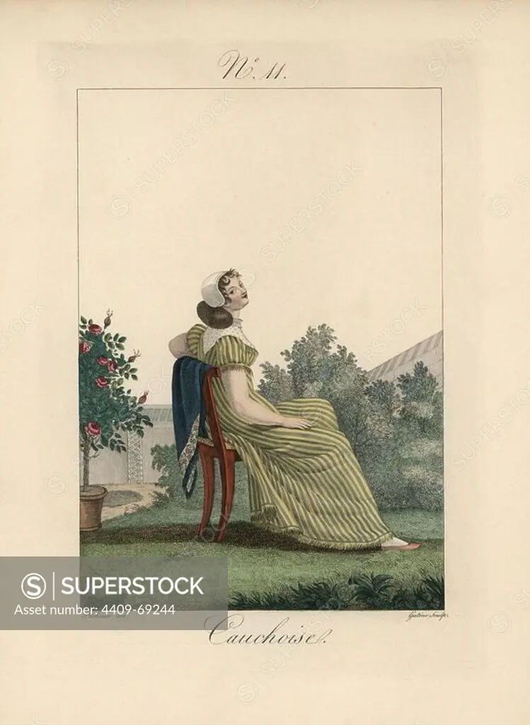 Woman of Caux in striped dress. She has removed the tall bonnet but wears its ties like a beguin. The artist has copied a headdress worn by a landlady at Yvetot. Her chignon hairpiece is evident. Hand-colored fashion plate illustration by Benoit Pecheux engraved by Gatine from Louis-Marie Lante's "Costumes des femmes du Pays de Caux," 1827/1885. With their tall Alsation lace hats, the women of Caux and Normandy were famous for the elegance and style.
