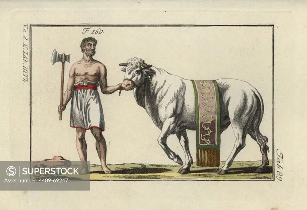 Sacrificial bull in decorative sash led to sacrifice by an axe-wielding man in laurel wreath after a Roman triumph. Handcolored copperplate engraving from Robert von Spalart's "Historical Picture of the Costumes of the Principal People of Antiquity and of the Middle Ages" (1798).