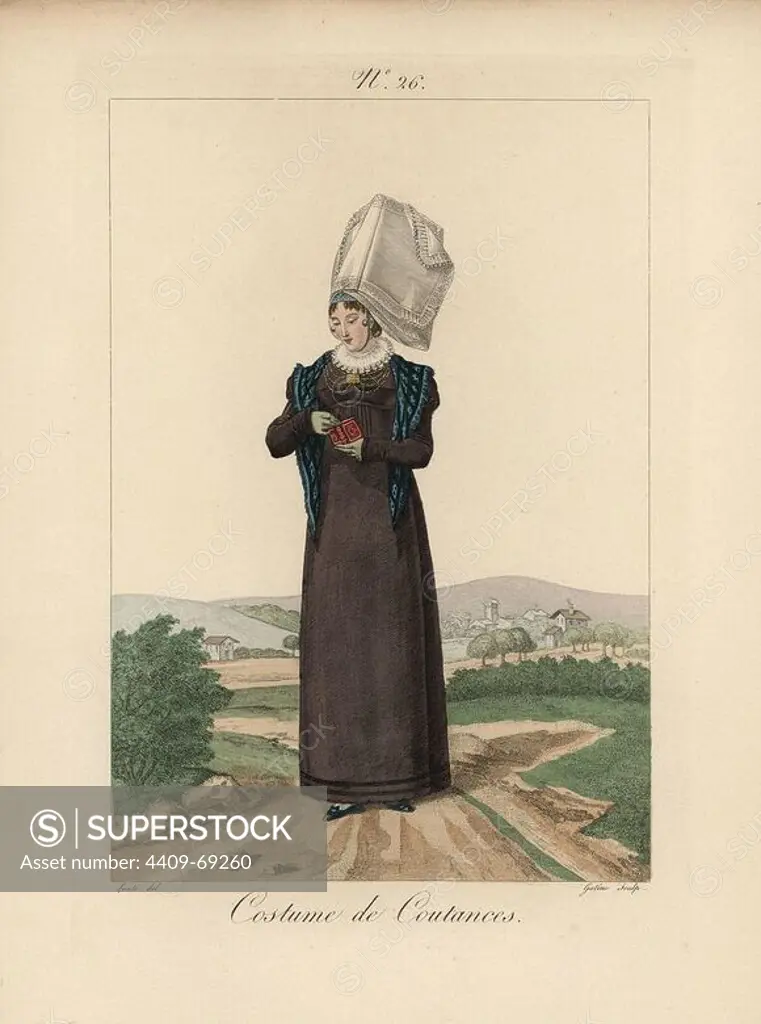 Woman in the costume of Coutances. Here is a really large bavolet bonnet, with the most luxurious decoration. It is set on a ribbon of silk and gold, and the tie is a sort of belt. She is reading a tiny book, perhaps one of the almanacs or gift books for ladies so popular at the time. Hand-colored fashion plate illustration by Lante engraved by Gatine from Louis-Marie Lante's "Costumes des femmes du Pays de Caux," 1827/1885. With their tall Alsation lace hats, the women of Caux and Normandy were famous for the elegance and style.
