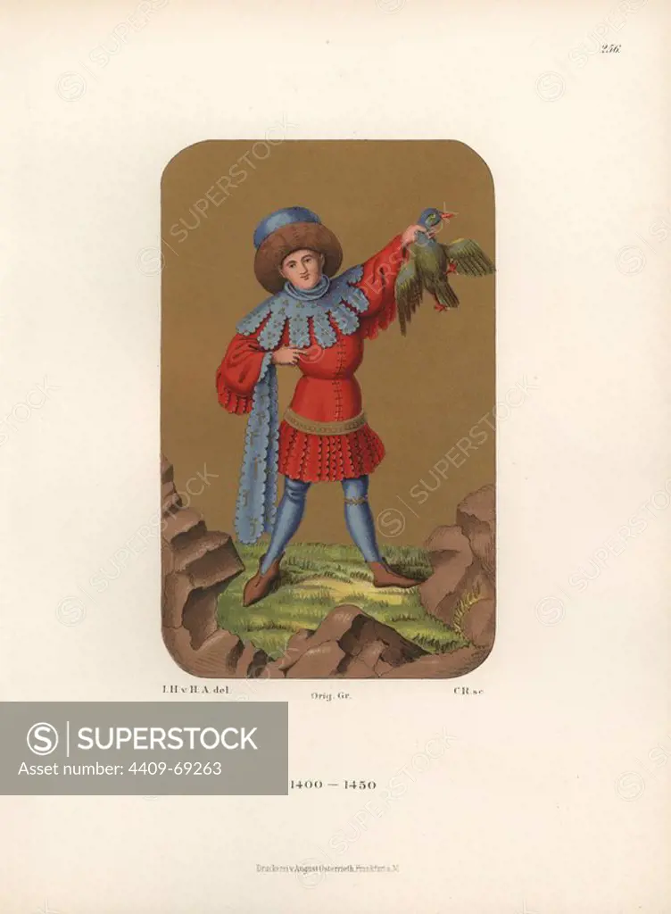 Male dress from the early 15th century, from a playing card in the Royal Library in Stuttgard. He wears a large hat and a tunic with elaborate collar and cuffs. He clutches a bird in his left hand. Chromolithograph from Hefner-Alteneck's "Costumes, Artworks and Appliances from the early Middle Ages to the end of the 18th Century," Frankfurt, 1883. IIlustration drawn by Hefner-Alteneck, lithographed by C. Regnier, and published by Heinrich Keller. Dr. Jakob Heinrich von Hefner-Alteneck (1811-1903) was a German archeologist, art historian and illustrator. He was director of the Bavarian National Museum from 1868 until 1886.