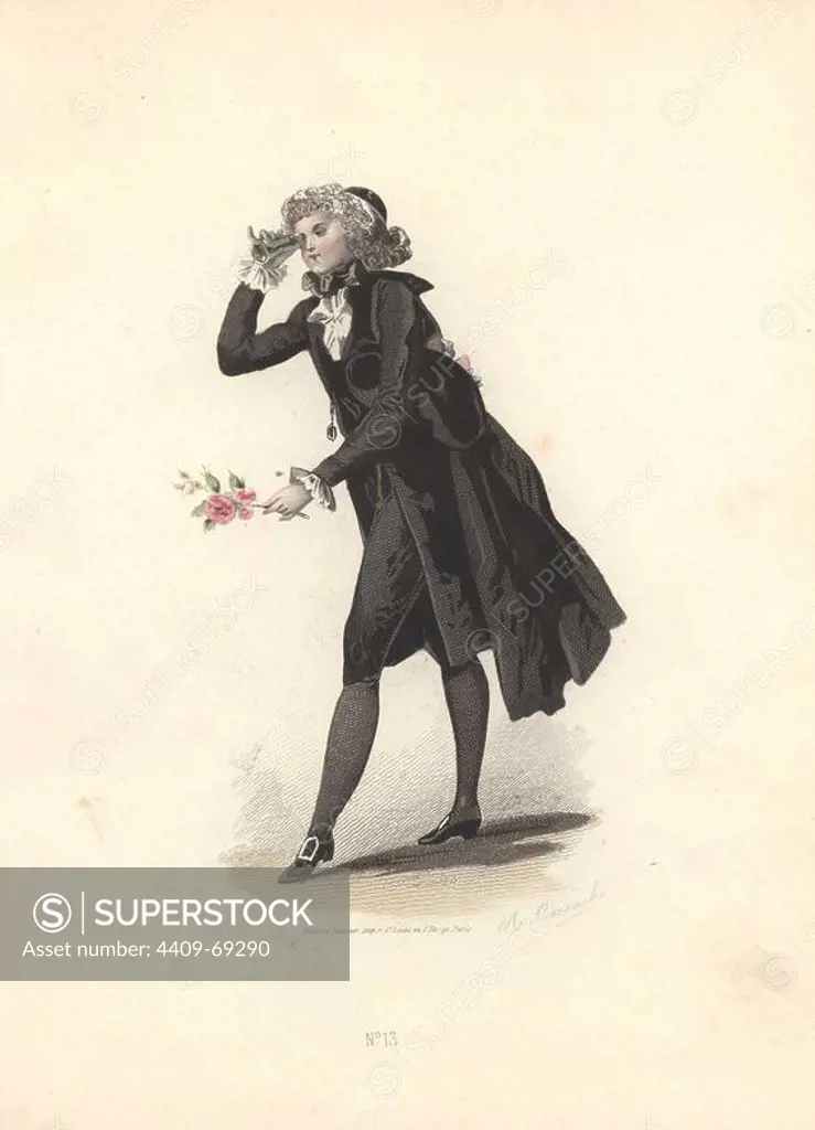Dandy in black suit, breeches and stockings, holding a sprig of flowers and looking through a pocket telescope.. Francois-Claudius Compte-Calix (1813-1880) was a French painter and illustrator. A regular exhibitor at the Salons, he illustrated numerous books and several romantic books of poetry, and for many years contributed to the fashion magazine "Modes Parisiennes".. Handcolored lithograph of an illustration by Francois-Claudius Compte-Calix from "Les Modes Parisiennes sous le Directoire" (Paris Fashions under the Directory 1795-1799) 1865.