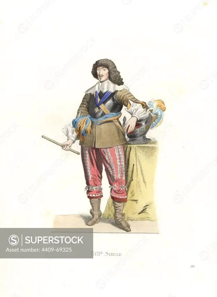 Gaston Jean Baptiste de France, duke of Orleans, France, 17th century. Handcolored illustration by E. Lechevallier-Chevignard, lithographed by A. Didier, L. Flameng, F. Laguillermie, from Georges Duplessis's "Costumes historiques des XVIe, XVIIe et XVIIIe siecles" (Historical costumes of the 16th, 17th and 18th centuries), Paris 1867. The book was a continuation of the series on the costumes of the 12th to 15th centuries published by Camille Bonnard and Paul Mercuri from 1830. Georges Duplessis (1834-1899) was curator of the Prints department at the Bibliotheque nationale. Edmond Lechevallier-Chevignard (1825-1902) was an artist, book illustrator, and interior designer for many public buildings and churches. He was named professor at the National School of Decorative Arts in 1874.