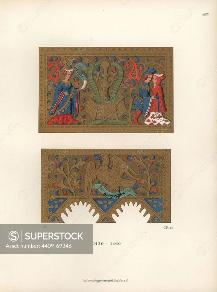 Male and female fashion from the 15th century from a wooden box decorated in colour and gold. It shows scenes from the story of Agnes of Hohenstaufen (1176-1204). Chromolithograph from Hefner-Alteneck's "Costumes, Artworks and Appliances from the early Middle Ages to the end of the 18th Century," Frankfurt, 1883. IIlustration drawn by Hefner-Alteneck, lithographed by C. Regnier, and published by Heinrich Keller. Dr. Jakob Heinrich von Hefner-Alteneck (1811-1903) was a German archeologist, art historian and illustrator. He was director of the Bavarian National Museum from 1868 until 1886.