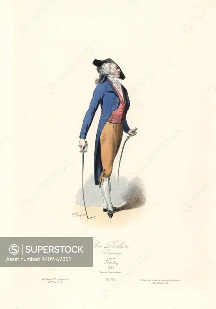 Duelist from the Directory era 1798. Handcoloured steel engraving by Polidor Pauquet after Louis-Leopold Boilly from the Pauquet Brothers' "Modes et Costumes Historiques" (Historical Fashions and Costumes), Paris, 1865. Hippolyte (b. 1797) and Polydor Pauquet (b. 1799) ran a successful publishing house in Paris in the 19th century, specializing in illustrated books on costume, birds, butterflies, anatomy and natural history.