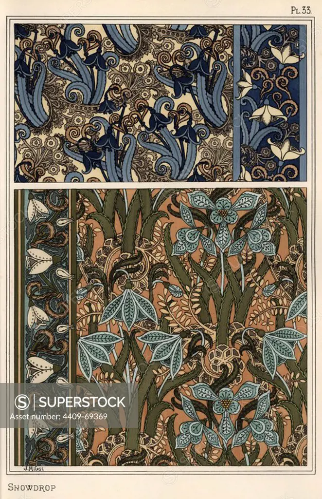 Snowdrop, Galanthus nivalis, as design motif in wallpaper, borders and fabrics. Lithograph by J. Milesi with pochoir (stencil) handcoloring from Eugene Grasset's Plants and their Application to Ornament, Paris, 1897. Grasset (1841-1917) was a Swiss artist whose innovative designs inspired the art nouveau movement at the end of the 19th century.