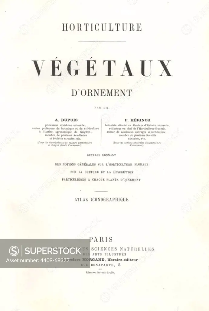 Title page to "Horticulture: Vegetaux d'Ornement" by A. Dupuis and F. Herincq from "Le Regne Vegetaux" 1865.
