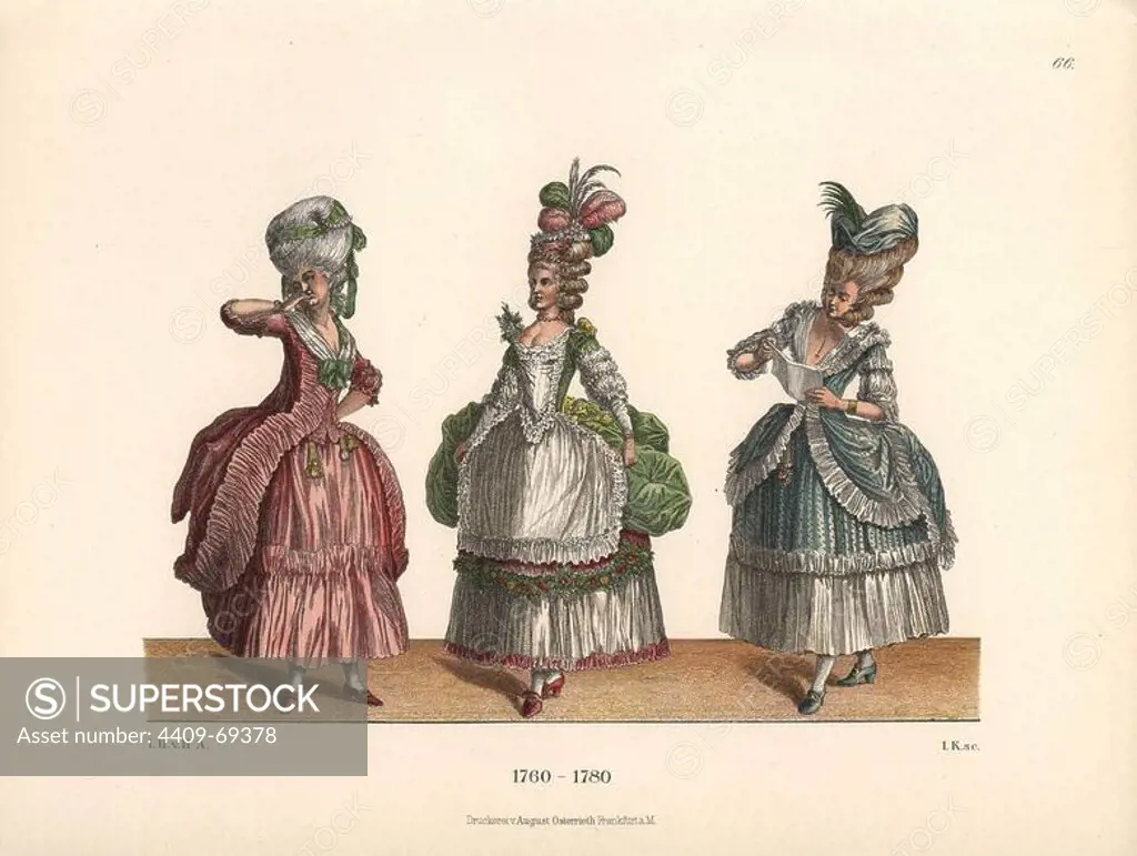 Women's fashions from the late 18th century from prints of the era. Woman in a pink dress a la Polonaise, woman in green ball gown with plumed headdress, and woman reading a letter in frock a la Polonaise. Chromolithograph from Hefner-Alteneck's "Costumes, Artworks and Appliances from the Middle Ages to the 18th Century," Frankfurt, 1889. Illustration by Dr. Jakob Heinrich von Hefner-Alteneck, lithographed by Joh. Klipphahn, and published by Heinrich Keller. Dr. Hefner-Alteneck (1811 - 1903) was a German museum curator, archaeologist, art historian, illustrator and etcher.