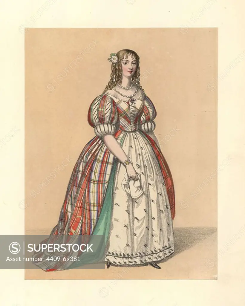 Dress of the reign of James II, 1685~1688. She wears her hair in ringlets, a low-cut check dress with bodice and puff sleeves over an embroidered petticoat. Based on Hollars "Ornatus Muliebris Anglicanus," Heaths "Chronicle," de Grammont, portraits, prints. Handcoloured lithograph from "Costumes of British Ladies from the Time of William the First to the Reign of Queen Victoria, London, Dickinson & Son, 1840. 48 mounted plates of women's fashion from 1066 to 1840 based on effigies, manuscripts, portraits, prints and literary descriptions.
