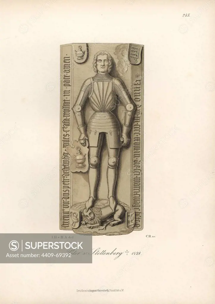 Knight in armour from the 15th century with heraldic shield and helmet. Gravestone of Peter von Stettenberg, died 1428. Chromolithograph from Hefner-Alteneck's "Costumes, Artworks and Appliances from the early Middle Ages to the end of the 18th Century," Frankfurt, 1883. IIlustration drawn by Hefner-Alteneck, lithographed by C, and published by Heinrich Keller. Dr. Jakob Heinrich von Hefner-Alteneck (1811-1903) was a German archeologist, art historian and illustrator. He was director of the Bavarian National Museum from 1868 until 1886.