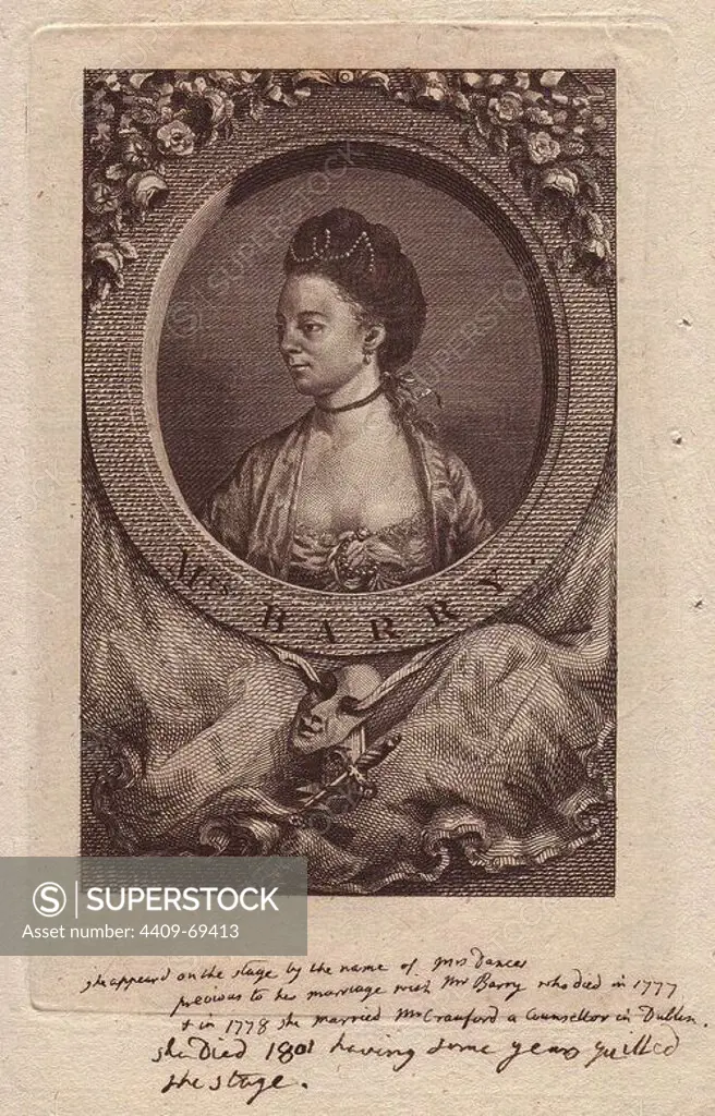 Mrs. Ann Barry (1734-1801), English actress. Handwritten note: "She appeared on the stage by the name of Mrs. Dance previous to her marriage with Mr. Spranger Barry who died in 1777. In 1778 she married Mr. Crawford a counsellor in Dublin. She died in 1801 having some years quitted the stage.". Portrait of the actress with pearls in her hair and a ribbon choker, within an oval border, above an emblem of theatrical mask, sword and drapery.