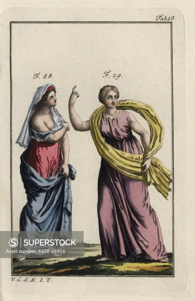 Hesione, Trojan princess, in Greek dress and Iris in a fluttering mantle. Handcolored copperplate engraving from Robert von Spalart's "Historical Picture of the Costumes of the Principal People of Antiquity and of the Middle Ages" (1796).
