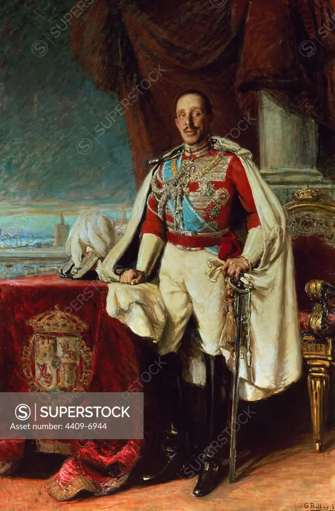 'Portrait of Alphonse XIII of Spain', 1929, Oil on canvas, 237 x 160 cm. Author: GONZALO BILBAO (1860-1938). Location: MUSEO DE BELLAS ARTES-CONVENTO DE LA MERCED CALZAD. Sevilla. Seville. SPAIN. ALFONSO XIII OF SPAIN.