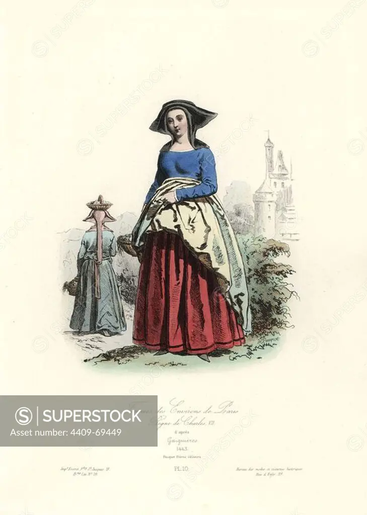 Women of the environs of Paris, reign of Charles VII, 1443. Handcoloured steel engraving by Hippolyte Pauquet after Gaignieres from the Pauquet Brothers' "Modes et Costumes Historiques" (Historical Fashions and Costumes), Paris, 1865. Hippolyte (b. 1797) and Polydor Pauquet (b. 1799) ran a successful publishing house in Paris in the 19th century, specializing in illustrated books on costume, birds, butterflies, anatomy and natural history.
