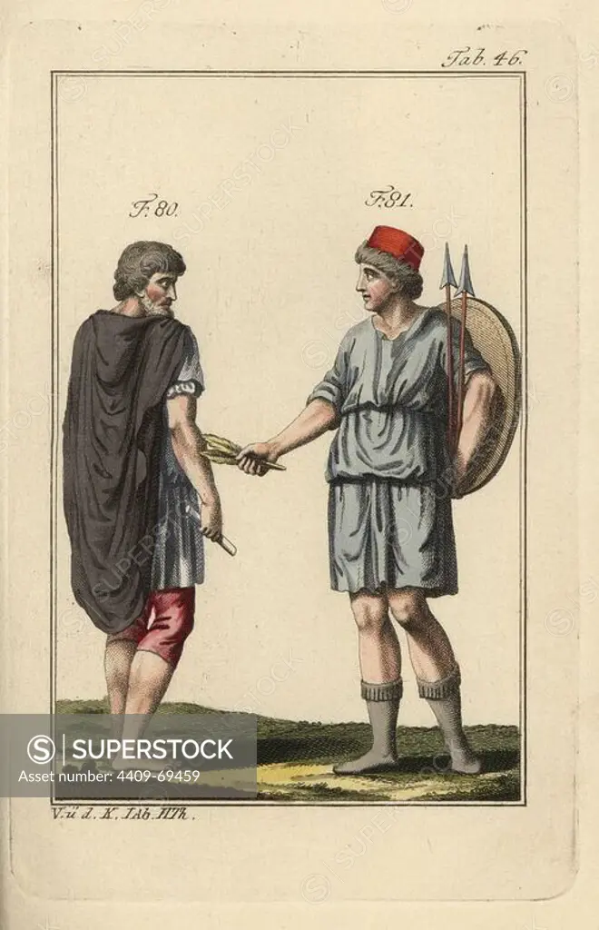 Spaniard and Spanish woman with shield and spears. Handcolored copperplate engraving from Robert von Spalart's "Historical Picture of the Costumes of the Principal People of Antiquity and of the Middle Ages" (1797).