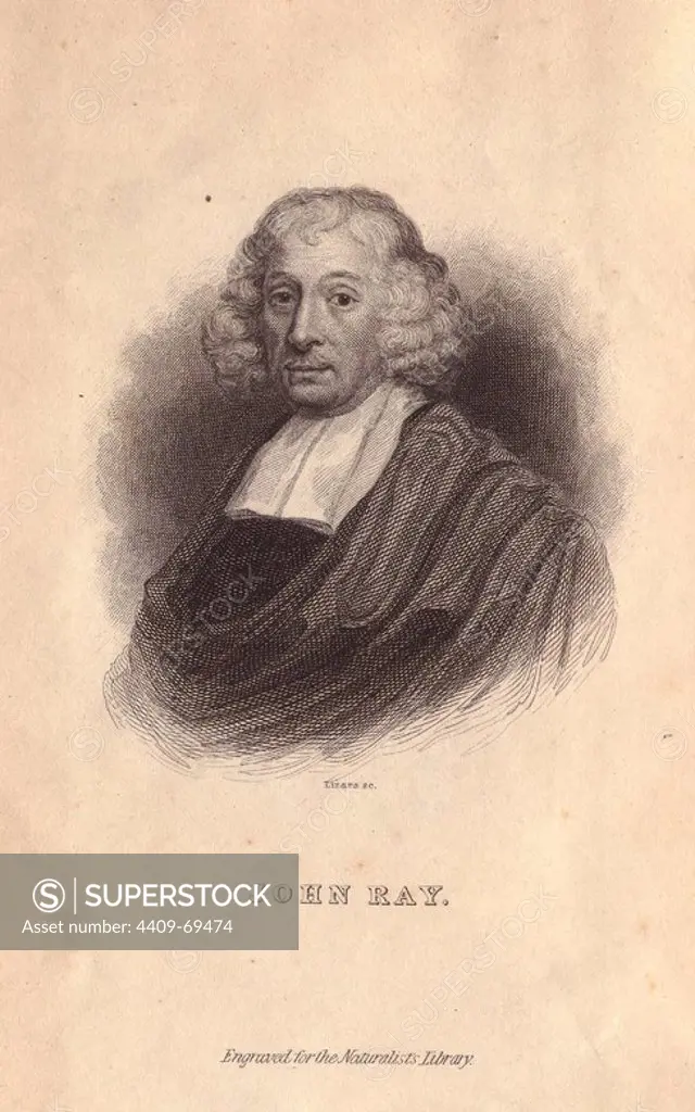 Reverend John Ray (1627~1705), English philosopher, writer, cleric, traveller, and taxonomist. He published voluminous works on vascular plants, vertebrates and insects, and contributed significantly to progress in taxonomy.. Portrait engraved on steel by W.H. Lizars from Sir WIlliam Jardine's "The Naturalist's Library" 1833, Edinburgh.