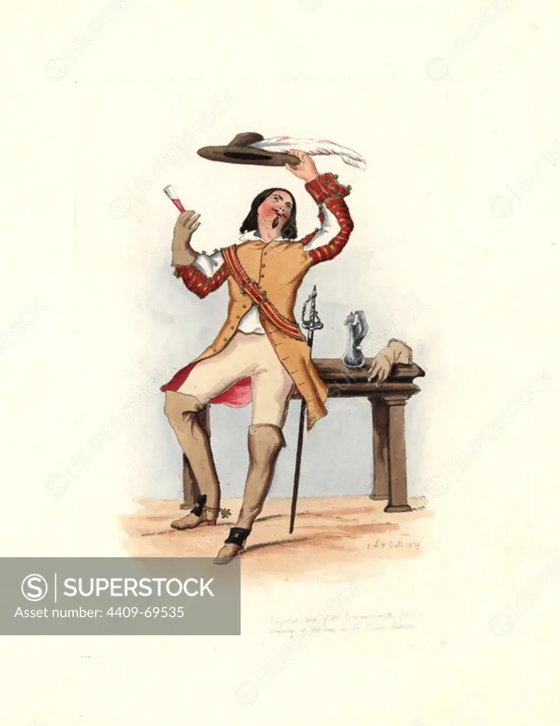Royalist or cavalier from the time of the Commonwealth (1659-1660), from a contemporary drawing in the British Museum. He wears a buff jacket with scarlet slashed sleeves, breeches, boots, gloves and plumed hat. Handcolored engraving from "Civil Costume of England from the Conquest to the Present Period" drawn by Charles Martin and etched by Leopold Martin, London, Henry Bohn, 1842. The costumes were drawn from tapestries, monumental effigies, illuminated manuscripts and portraits. Charles and Leopold Martin were the sons of the romantic artist and mezzotint engraver John Martin (1789-1854).