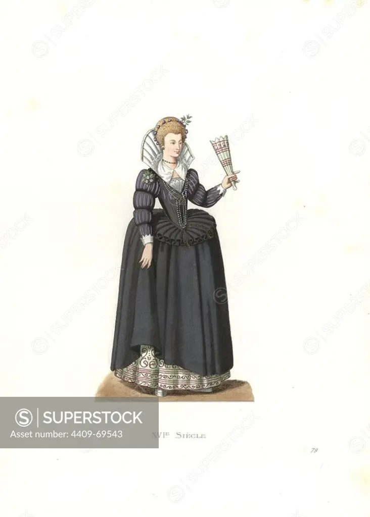 French woman from the reign of King Henry III, 16th century, from the collection of de Gaignieres. Handcolored illustration by E. Lechevallier-Chevignard, lithographed by A. Didier, L. Flameng, F. Laguillermie, from Georges Duplessis's "Costumes historiques des XVIe, XVIIe et XVIIIe siecles" (Historical costumes of the 16th, 17th and 18th centuries), Paris 1867. The book was a continuation of the series on the costumes of the 12th to 15th centuries published by Camille Bonnard and Paul Mercuri from 1830. Georges Duplessis (1834-1899) was curator of the Prints department at the Bibliotheque nationale. Edmond Lechevallier-Chevignard (1825-1902) was an artist, book illustrator, and interior designer for many public buildings and churches. He was named professor at the National School of Decorative Arts in 1874.
