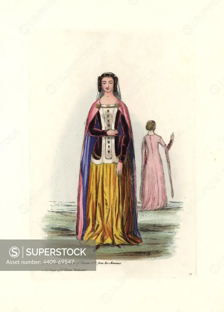Blanch de la Tour, daughter of Edward III, from her monument in the Chapel of St. Edward, Westminster. Background figure from manuscript of the time. Handcolored engraving from "Civil Costume of England from the Conquest to the Present Period" drawn by Charles Martin and etched by Leopold Martin, London, Henry Bohn, 1842. The costumes were drawn from tapestries, monumental effigies, illuminated manuscripts and portraits. Charles and Leopold Martin were the sons of the romantic artist and mezzotint engraver John Martin (1789-1854).