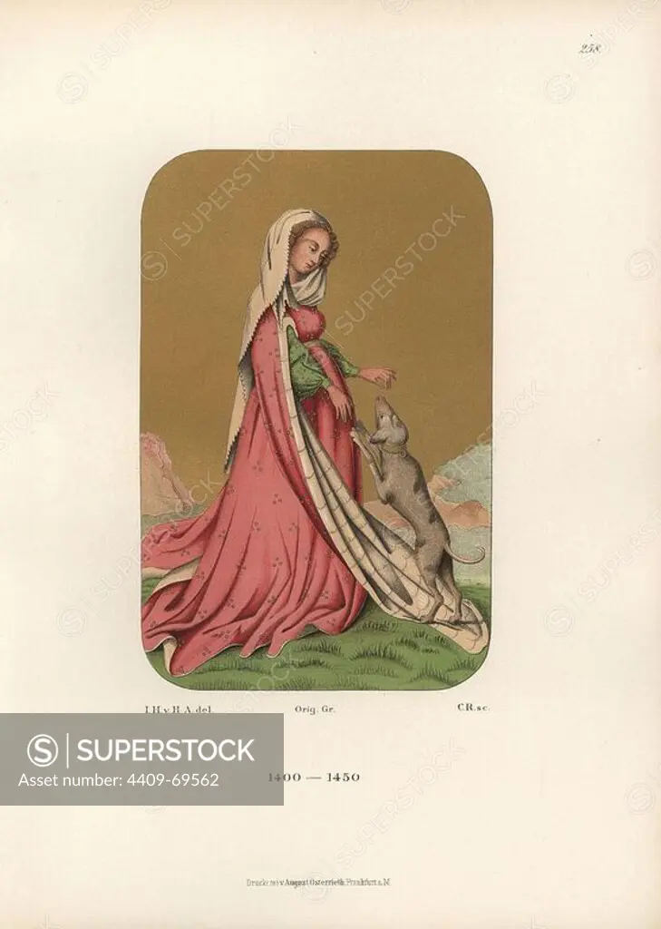 Woman's dress from the early 15th century, from a playing card in the Royal Library in Stuttgard. She wears a long veil and long-sleeved dress while she plays with a dog. Chromolithograph from Hefner-Alteneck's "Costumes, Artworks and Appliances from the early Middle Ages to the end of the 18th Century," Frankfurt, 1883. IIlustration drawn by Hefner-Alteneck, lithographed by C. Regnier, and published by Heinrich Keller. Dr. Jakob Heinrich von Hefner-Alteneck (1811-1903) was a German archeologist, art historian and illustrator. He was director of the Bavarian National Museum from 1868 until 1886.