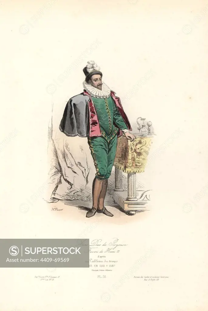 Anne, Duc de Joyeuse (1561-1587), favourite of Henri III. Handcoloured steel engraving by Hippolyte Pauquet after a contemporary painting from the Pauquet Brothers' "Modes et Costumes Historiques" (Historical Fashions and Costumes), Paris, 1865. Hippolyte (b. 1797) and Polydor Pauquet (b. 1799) ran a successful publishing house in Paris in the 19th century, specializing in illustrated books on costume, birds, butterflies, anatomy and natural history.