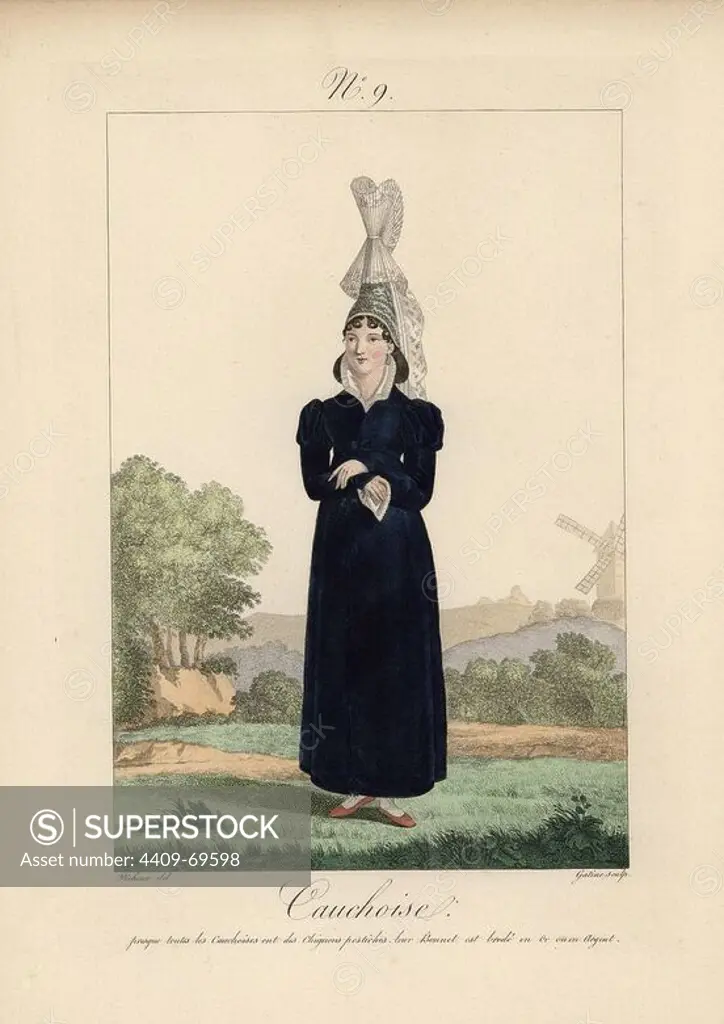 Woman of Caux in tall bonnet with long lace tails fixed with a large pin. Almost all the women of Caux wear hairpiece chignon, and their bonnets are embroidered with gold or silver. Hand-colored fashion plate illustration by Benoit Pecheux engraved by Gatine from Louis-Marie Lante's Costumes des femmes du Pays de Caux, 1827/1885. With their tall Alsation lace hats, the women of Caux and Normandy were famous for the elegance and style.