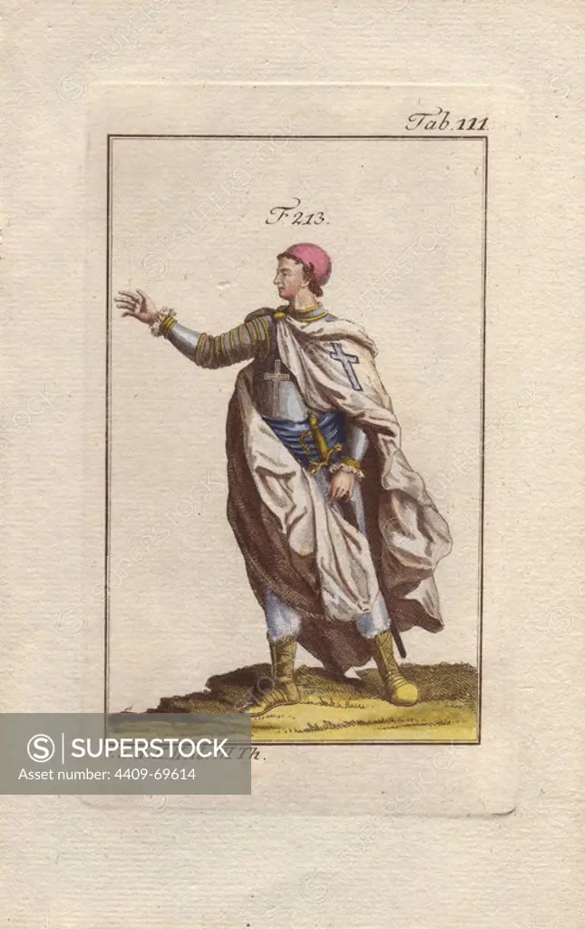 Knight of the Order of St. Lazarus, a hospitaller order established in the Holy Land in the 12th century.. Handcolored copperplate engraving of a knight from a religious military order from Robert von Spalart's "Historical Picture of the Costumes of the Principal People of Antiquity and of the Middle Ages" (1796).