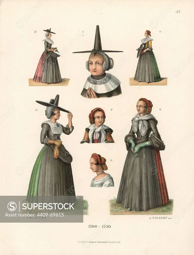Fashions of the wives of burghers from the early 18th century, including wide-brimmed conical hats, lace collars, gloves, tight bodices and full skirts. From prints and miniature paintings of the era. Chromolithograph from Hefner-Alteneck's "Costumes, Artworks and Appliances from the Middle Ages to the 18th Century," Frankfurt, 1889. Illustration by Dr. Jakob Heinrich von Hefner-Alteneck, lithograph by A. Volkert and published by Heinrich Keller. Dr. Hefner-Alteneck (1811 - 1903) was a German curator, archaeologist, art historian, illustrator and etcher.